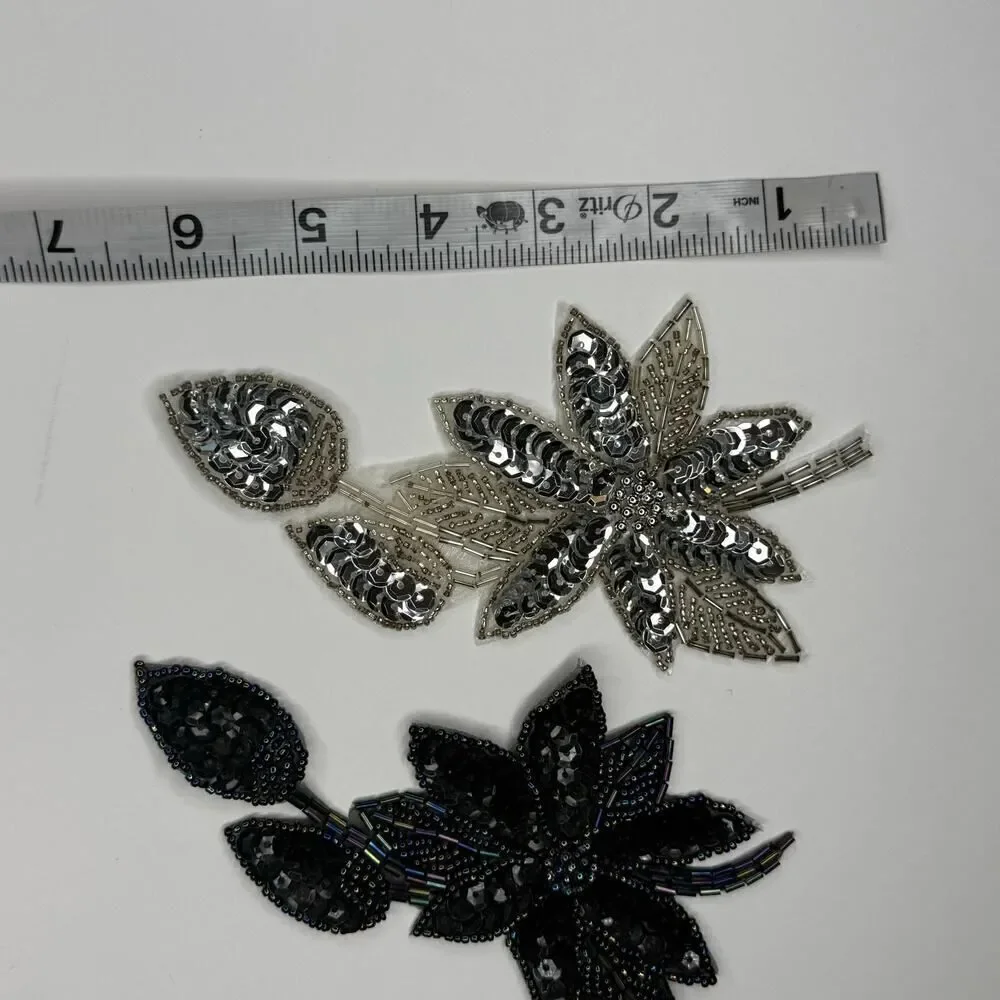 Set of 2 Large Beaded Sequin Floral Appliqués – Silver & Black